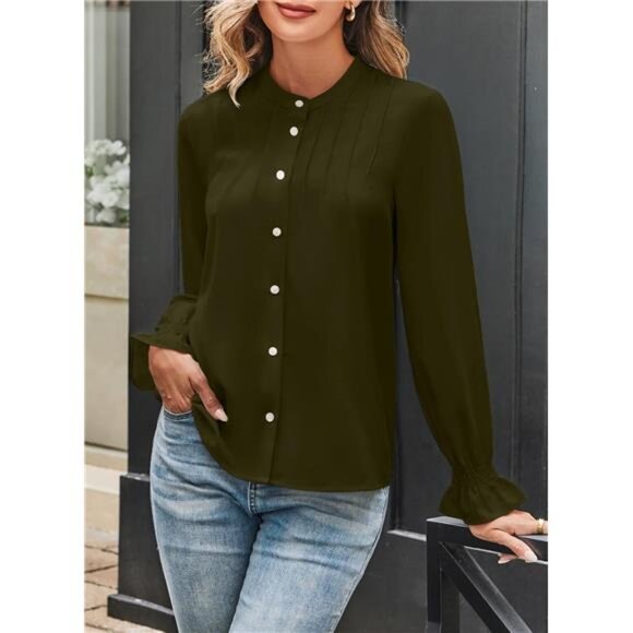 Women’s Chiffon Button Down Blouse | Pleated Mandarin Collar Tunic Top - Picture 1 of 6